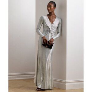Lauren Ralph Lauren Women Metallic Knit Twist-Front Gown Silver Size 16 MSRP$295